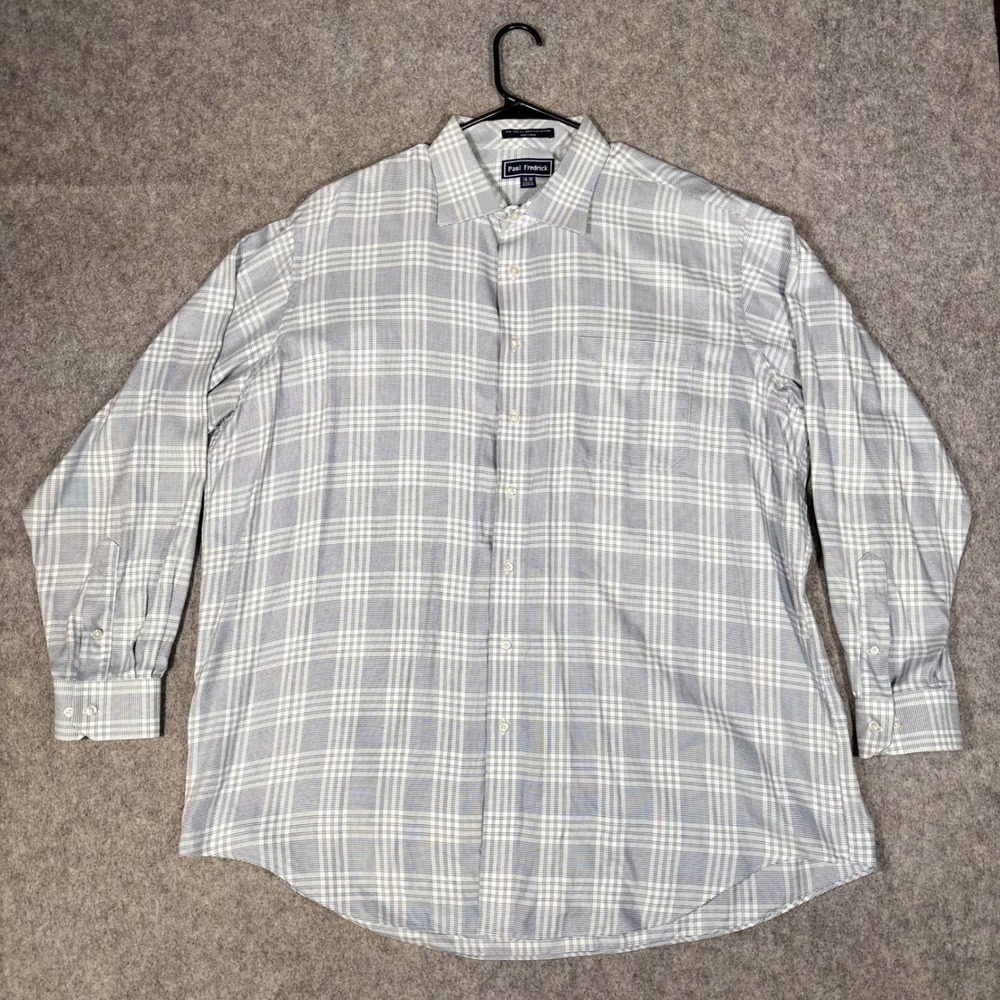 Paul Fredrick Dress Shirt Mens 18-36 Blue White Plaid 140s 2-ply Egyptian Cotton